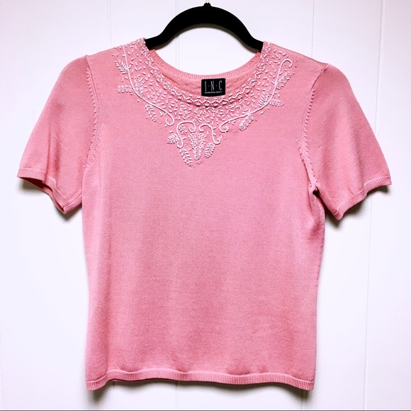 INC International Concepts Sweaters - INC Embroidered Short Sleeve Sweater Crop Top Pink